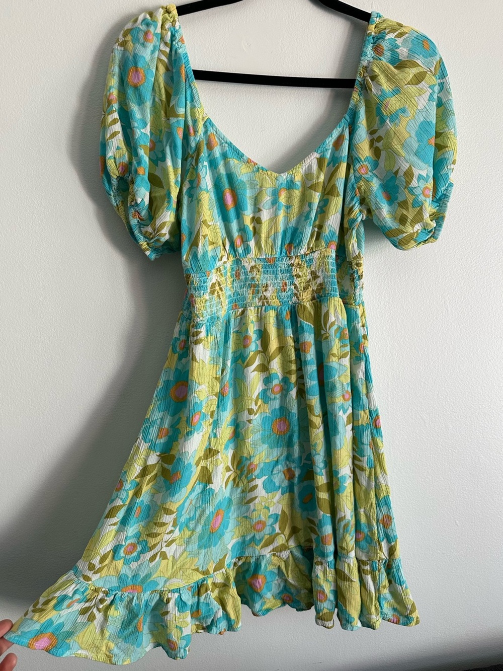 Billabong Aqua and Lime Floral Puff-Sleeve Mini Dress Y2K Style Size Large - Picture 2 of 8